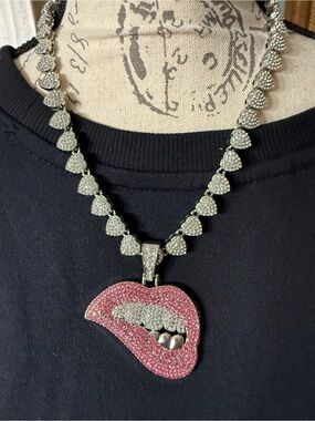 Women’s Pink Pave Lip Pendant Necklace with Silver-Tone Accents